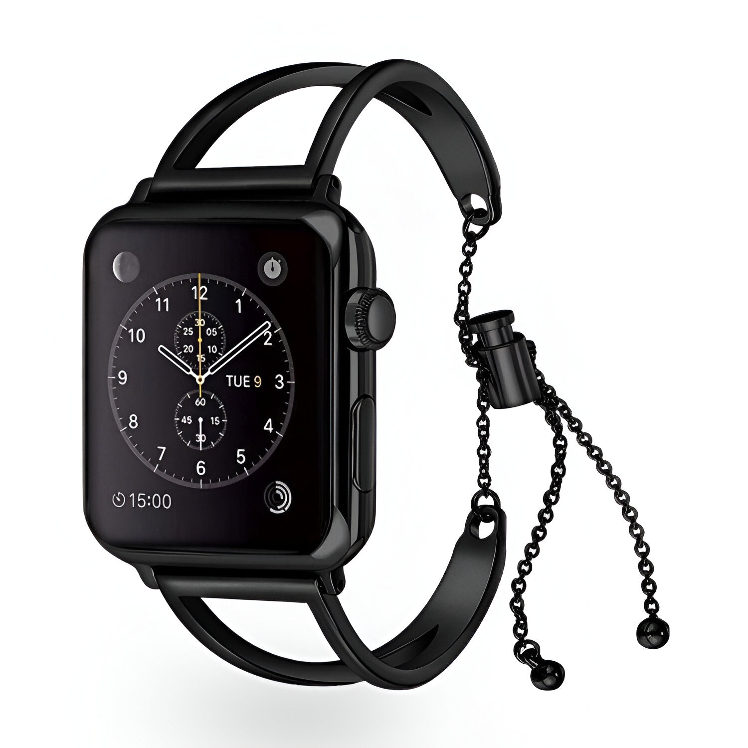 Bracelet Apple Watch en acier inoxydable noir avec chaîne réglable pour femme, modèle Graciela.