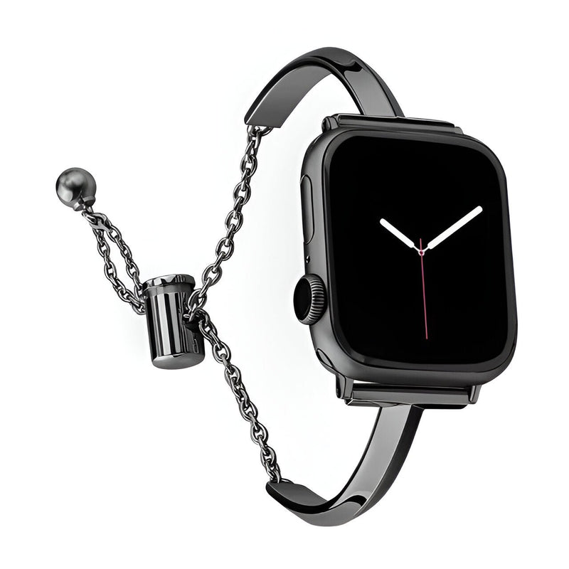 Bracelet Apple Watch noir en acier inoxydable avec fermoir coulissant et chaîne ajustable.