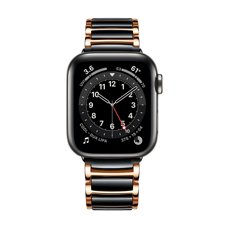 Bracelet Apple Watch noir et or rosé en acier inoxydable pour homme, modèle Delta, maillons lisses.