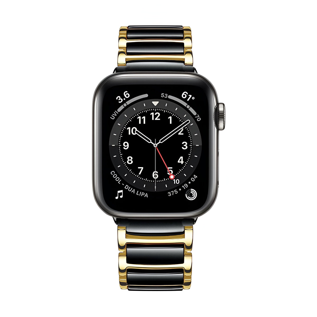 Bracelet Apple Watch en acier inoxydable noir et or avec maillons larges et finition brillante.