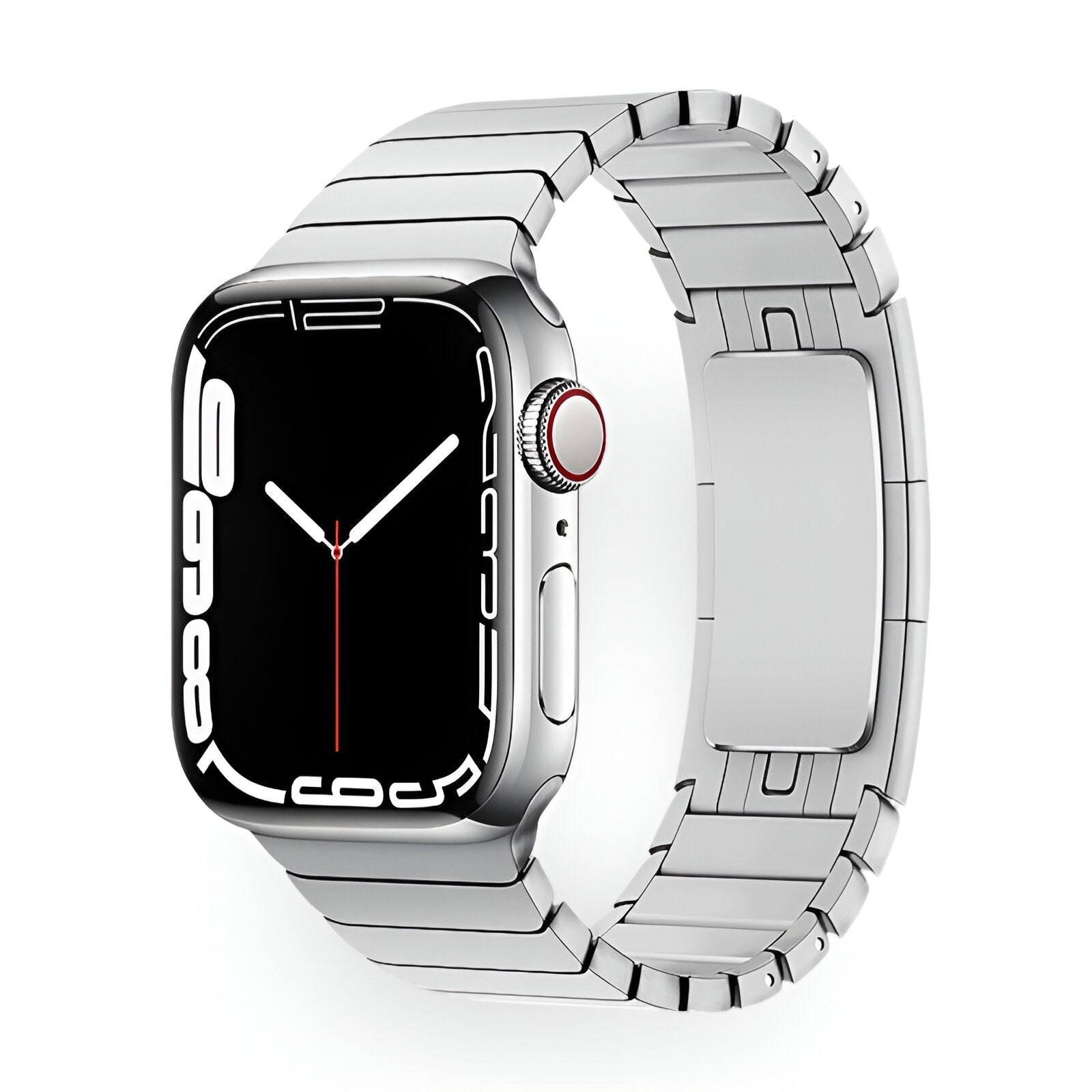 Bracelet pour Apple Watch en acier inoxydable argenté style maillon, fermeture déployante robustes.