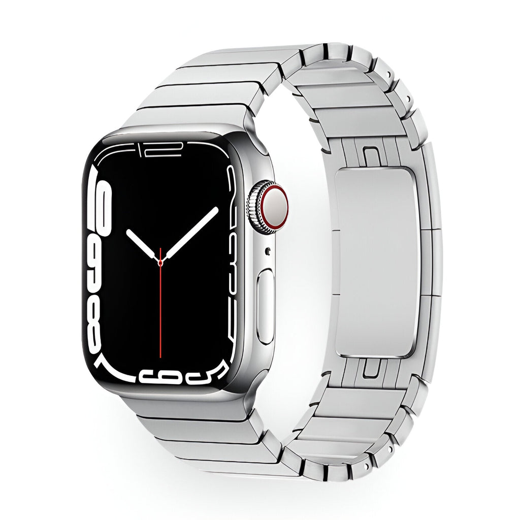 Bracelet pour Apple Watch en acier inoxydable argenté style maillon, fermeture déployante robustes.