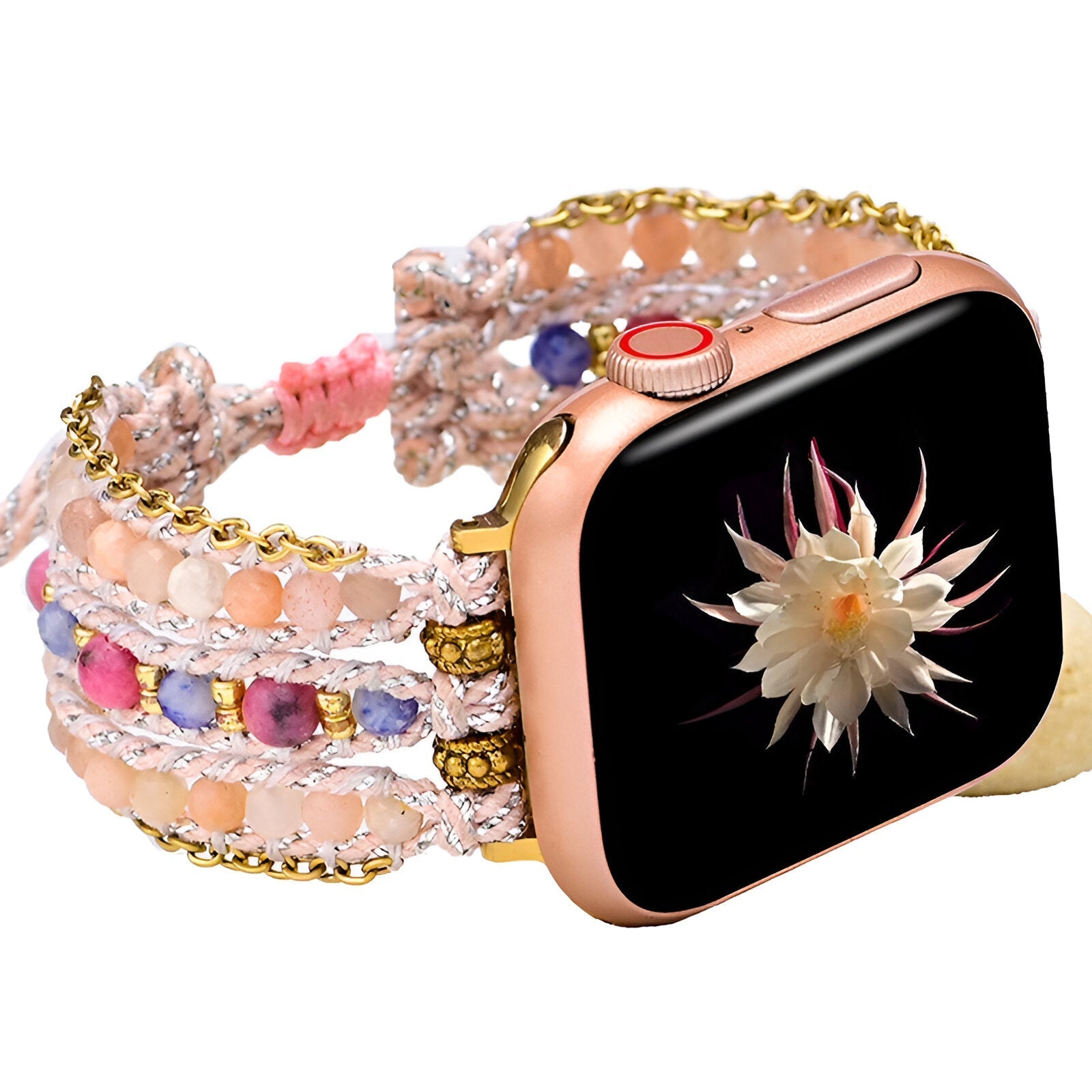 Bracelet Apple Watch multicolore en corde tressée avec pierres de soleil et perles, pour femme, modèles 38-42 mm et 43-49 mm.