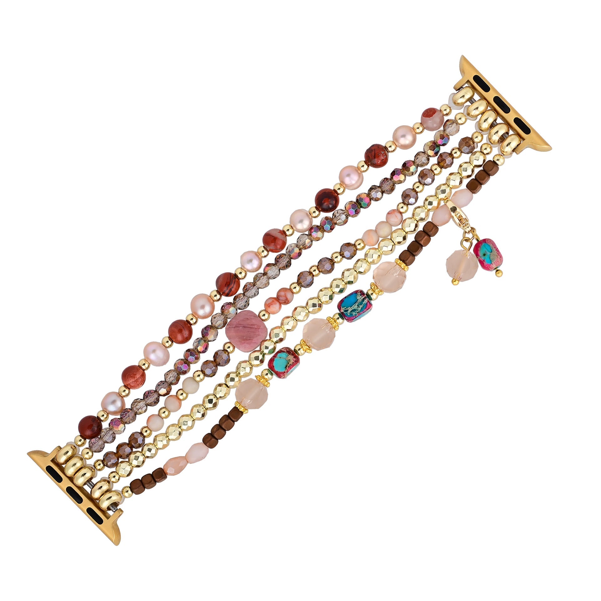 Bracelet Apple Watch multicolore pour femme avec perles en cristal, bois et détails dorés, modèle Elix.