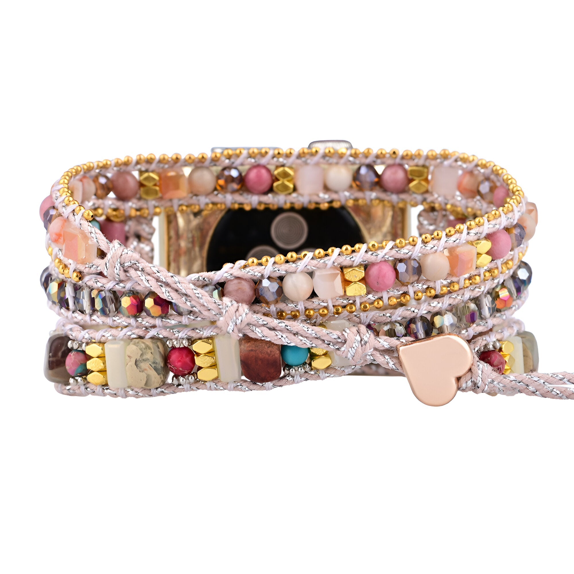 Bracelet Apple Watch rose en cristaux multicolores et cœur doré, style double tour.