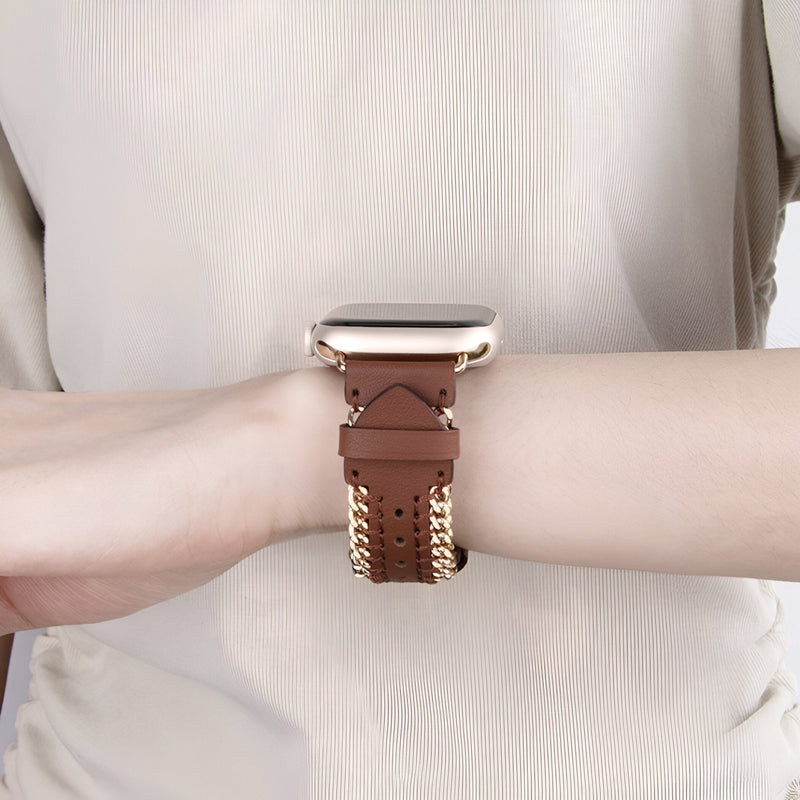 Bracelet Apple Watch en cuir marron avec chaîne dorée, style Zéyou, taille 38-42 mm.