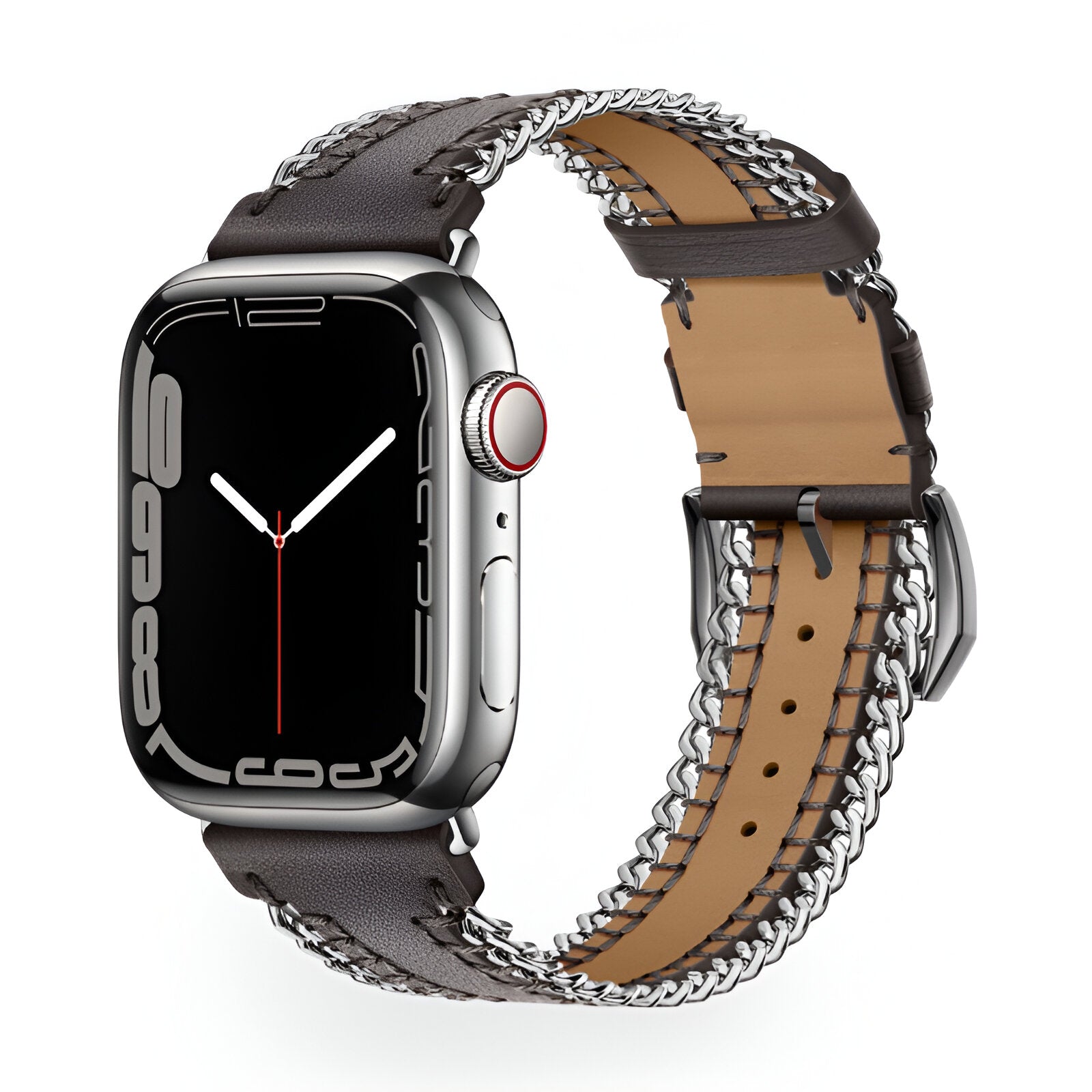 Bracelet Apple Watch en cuir marron avec chaîne argentée, pour 38 à 42 mm, fermoir noir élégant.