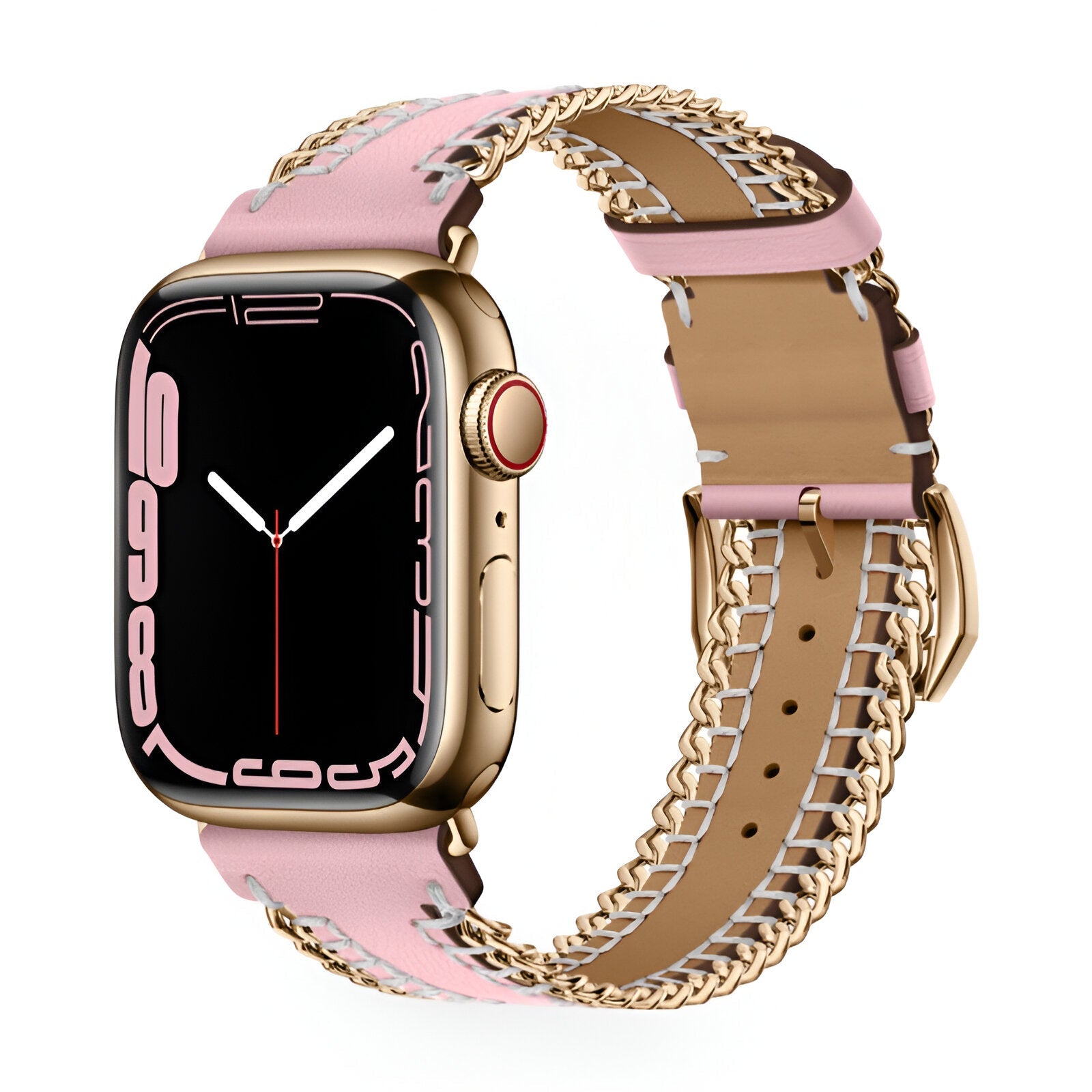 Bracelet Apple Watch en cuir rose avec chaîne métal or, boucle ajustable.