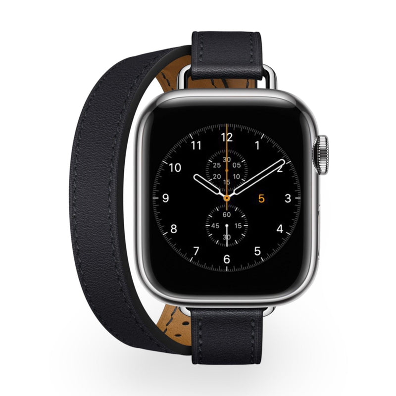 Bracelet Apple Watch cuir noir à double tour style élégant pour femme modèle Ermione.