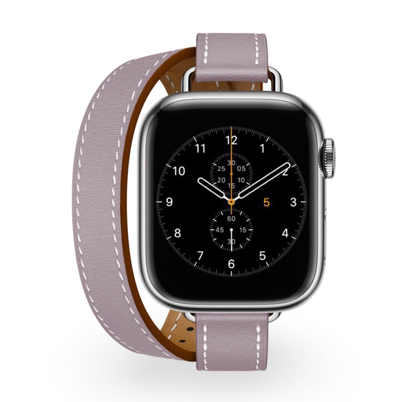 Bracelet Apple Watch en cuir mauve à double tour avec surpiqûres blanches, style Ermione.