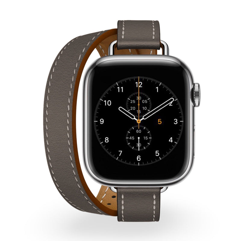 Bracelet Apple Watch cuir gris à double tour avec surpiqûres blanches pour femme modèle Ermione.