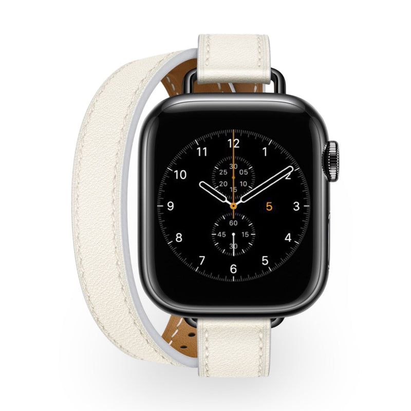 Bracelet Apple Watch double tour en cuir blanc cassé, élégant et fin, modèle Ermione.
