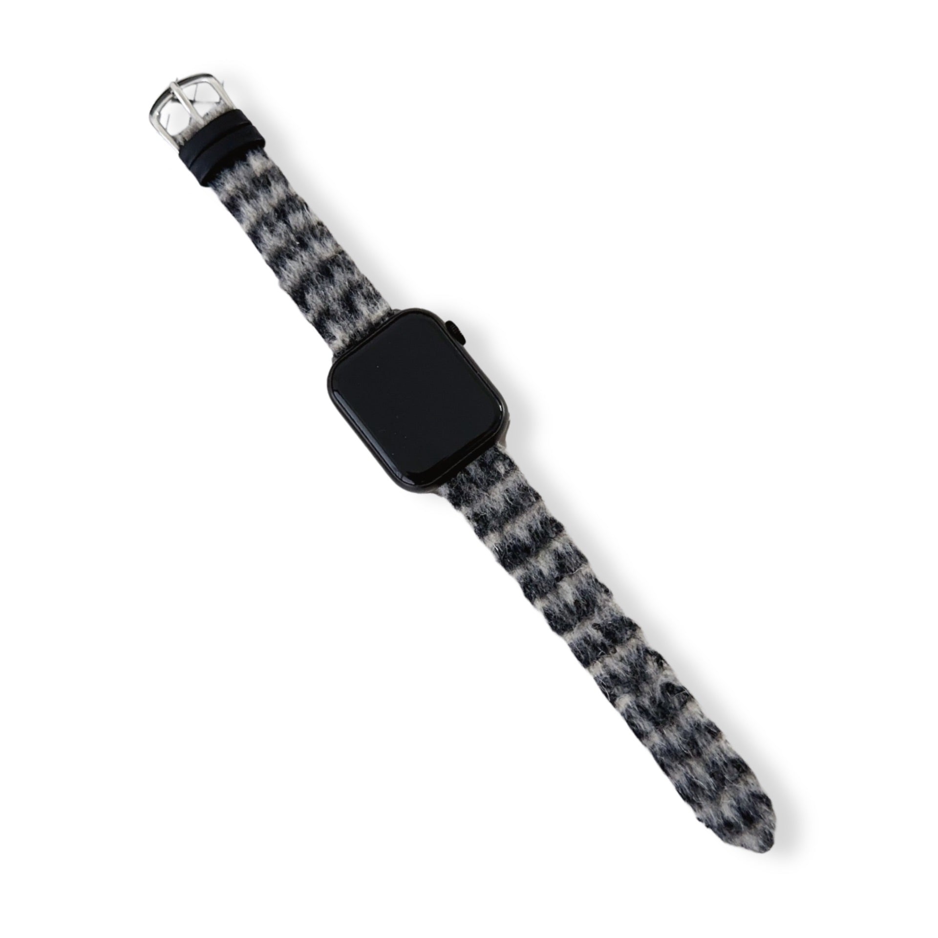 Bracelet Apple Watch en cuir et laine gris à carreaux, boucle métallique argentée, modèle Gryphan.