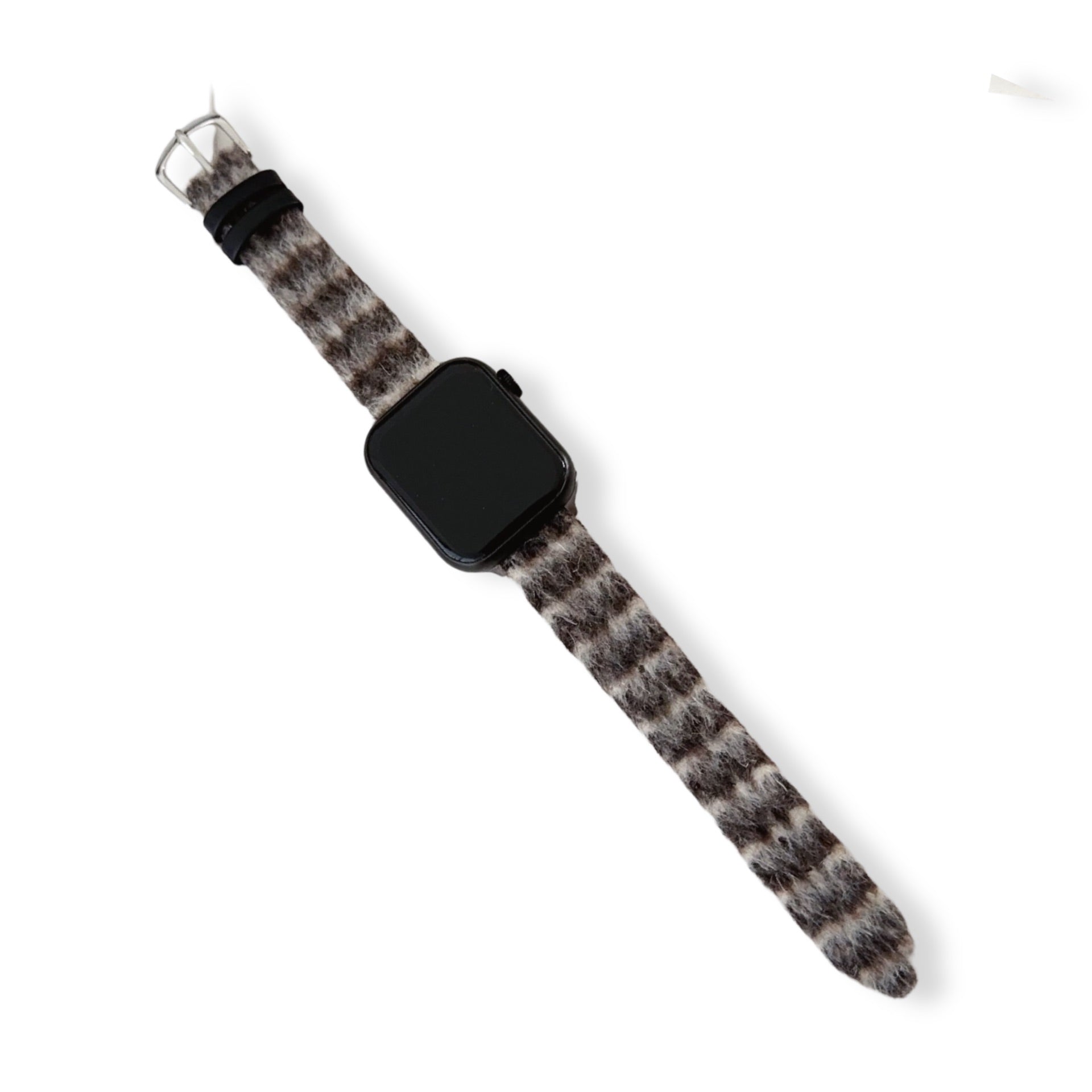 Bracelet Apple Watch femme en cuir et laine gris à motif chevrons avec boucle argentée.