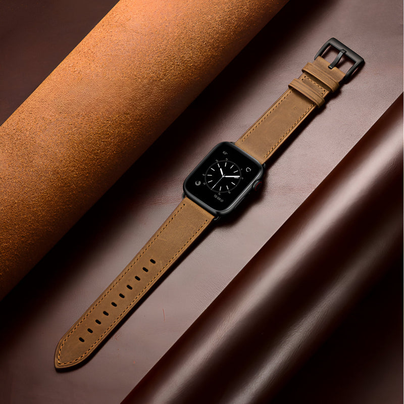 Bracelet Apple Watch cuir cognac avec boucle noire, modèle Jano, finition fine et élégante.