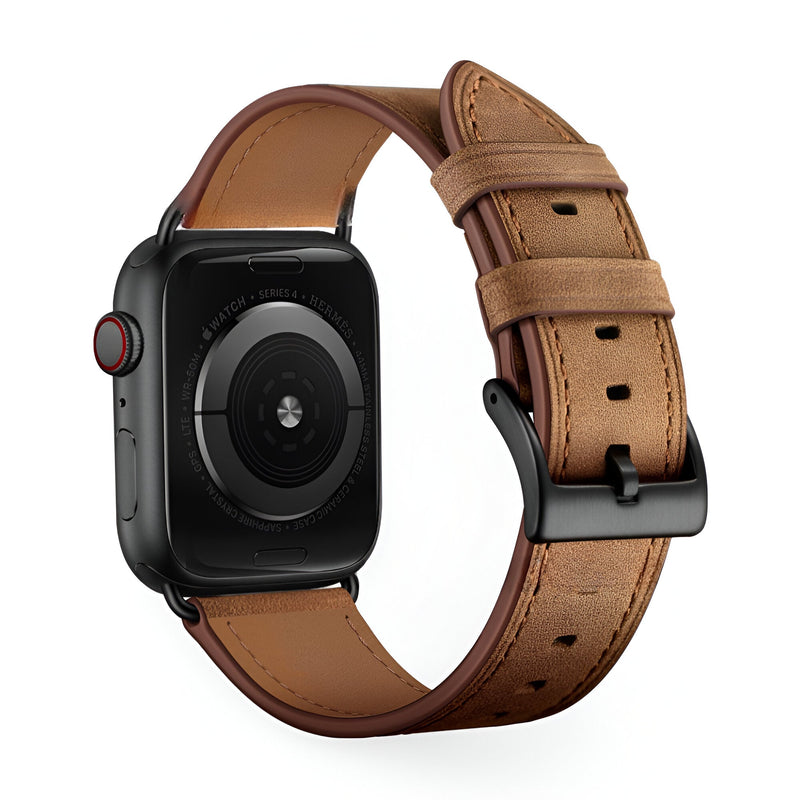 Bracelet Apple Watch en cuir cognac effet vieilli avec boucle noire mate, modèle Jano.