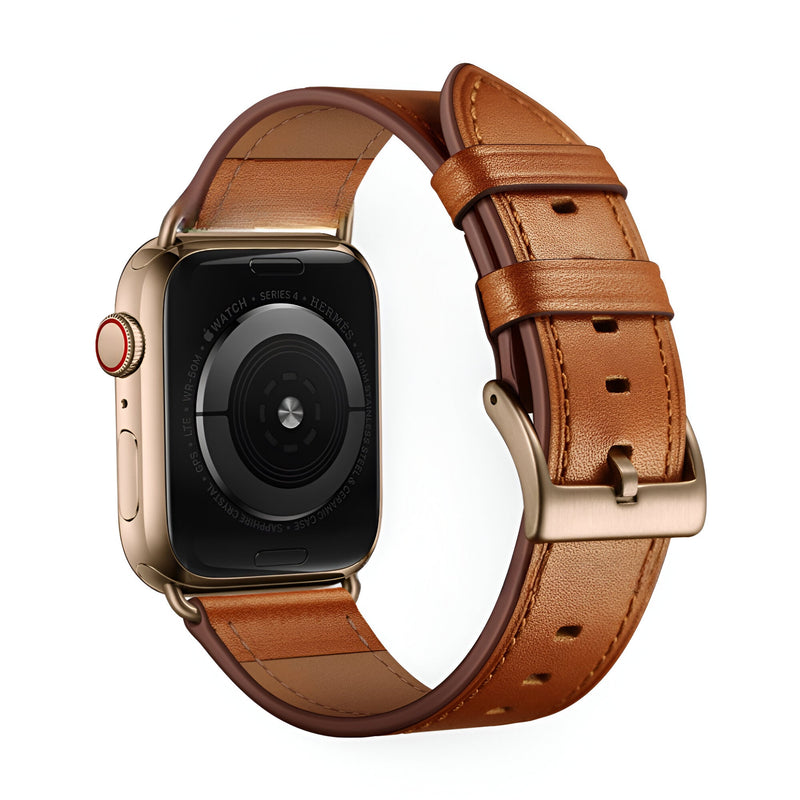 Bracelet Apple Watch en cuir cognac, boucle classique en métal, style élégant et mixte.