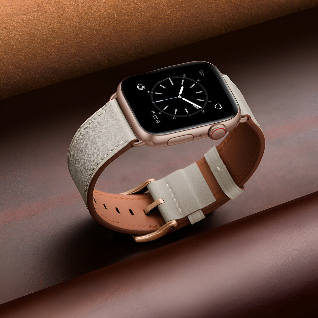 Bracelet en cuir blanc pour Apple Watch avec boucle en métal couleur or rose, modèle Jano.