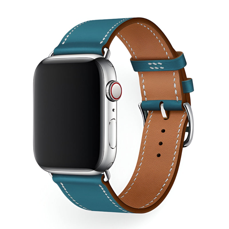 Bracelet pour Apple Watch en cuir bleu nuit avec coutures blanches et boucle argentée.