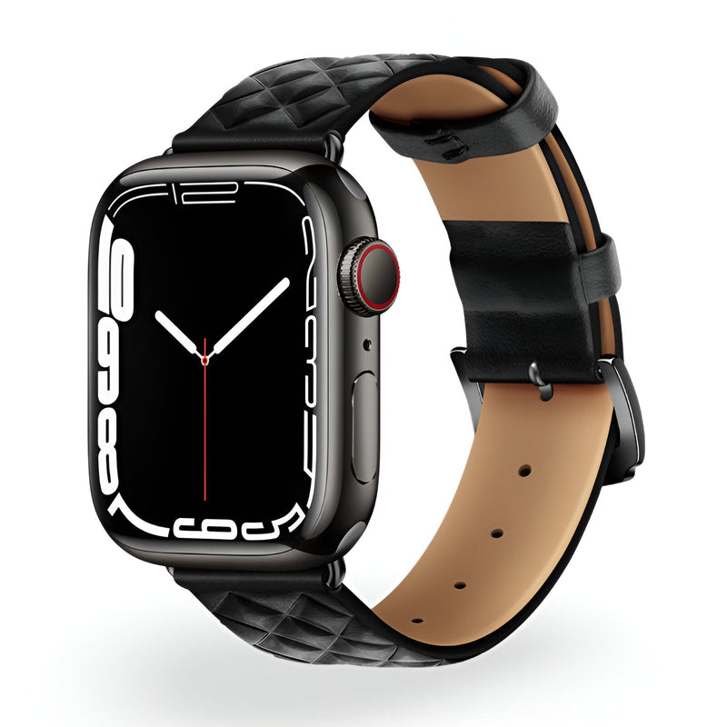 Bracelet Apple Watch en cuir noir matelassé, intérieur beige, boucle noire élégante.
