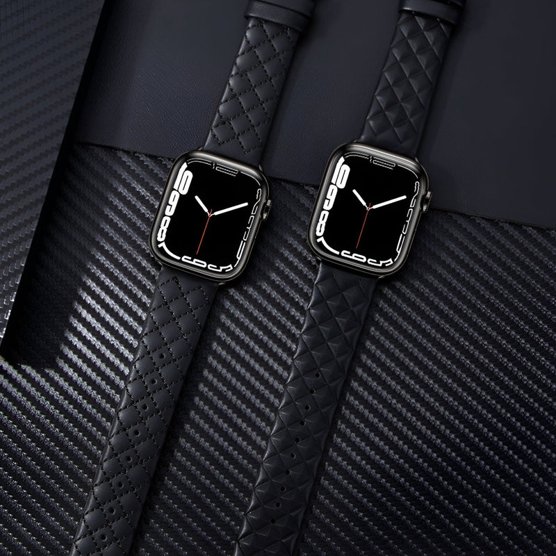 Bracelet Apple Watch en cuir noir tressé, modèle Vyra, ajustable, style mixte.