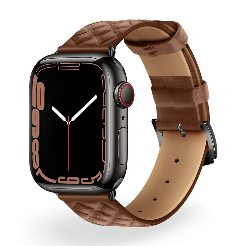 Bracelet Apple Watch en cuir marron cognac matelassé, finition lisse intérieure, boucle noire.