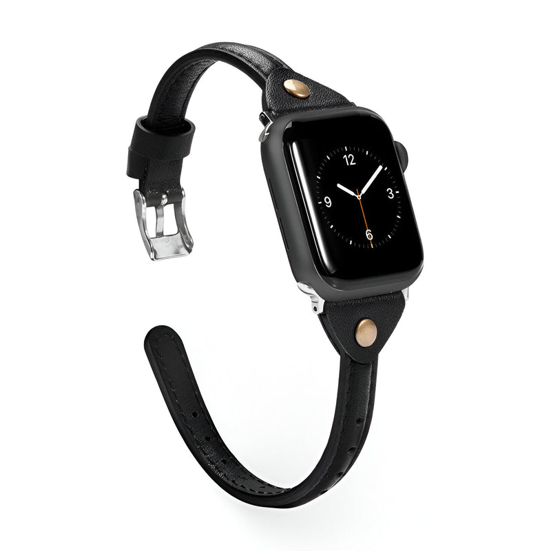 Bracelet Apple Watch en cuir noir avec boucle argentée et détails clous dorés, style Timu.