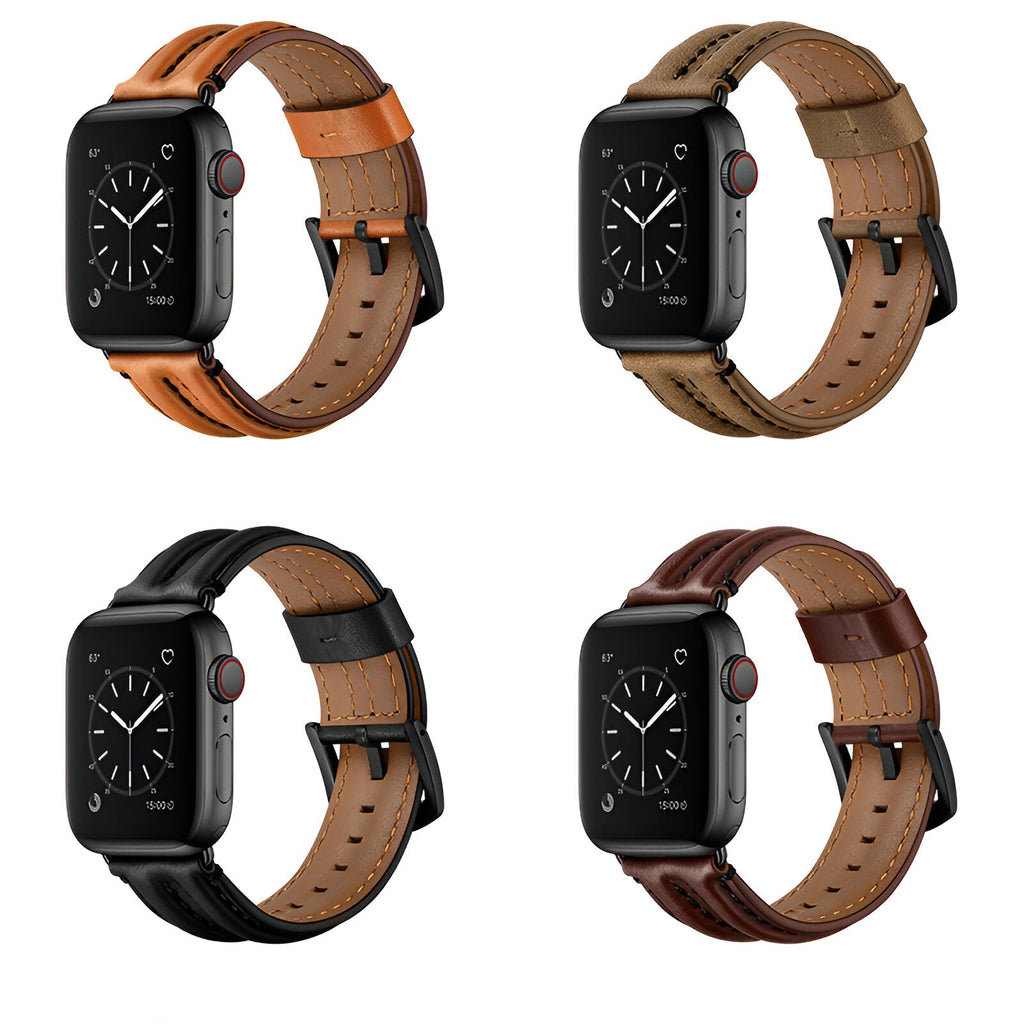 Quatre bracelets Apple Watch en cuir pleine fleur pour homme, couleurs café, kaki, noir et marron, boucles noires.
