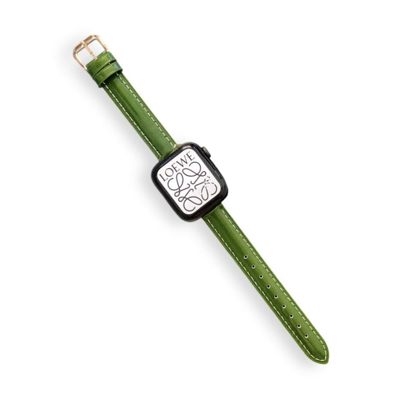 Bracelet Apple Watch en cuir vert pour femme avec boucle argentée, modèle Dexa, taille 38-42 mm.