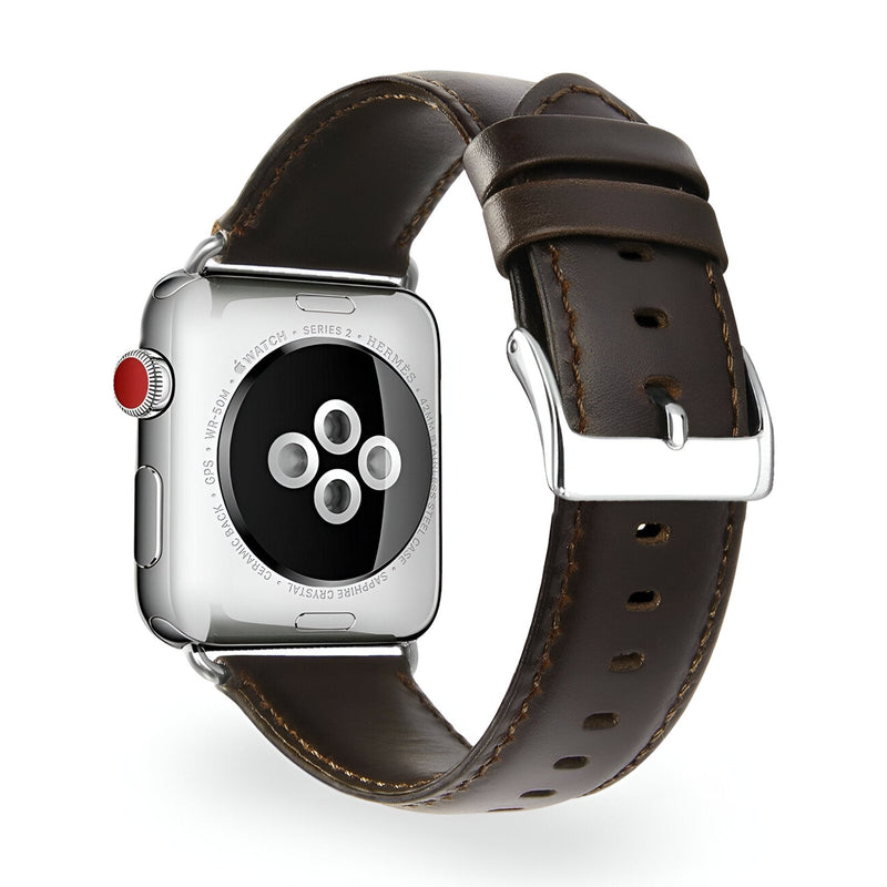 Bracelet en cuir marron foncé pour Apple Watch avec boucle en acier argenté.