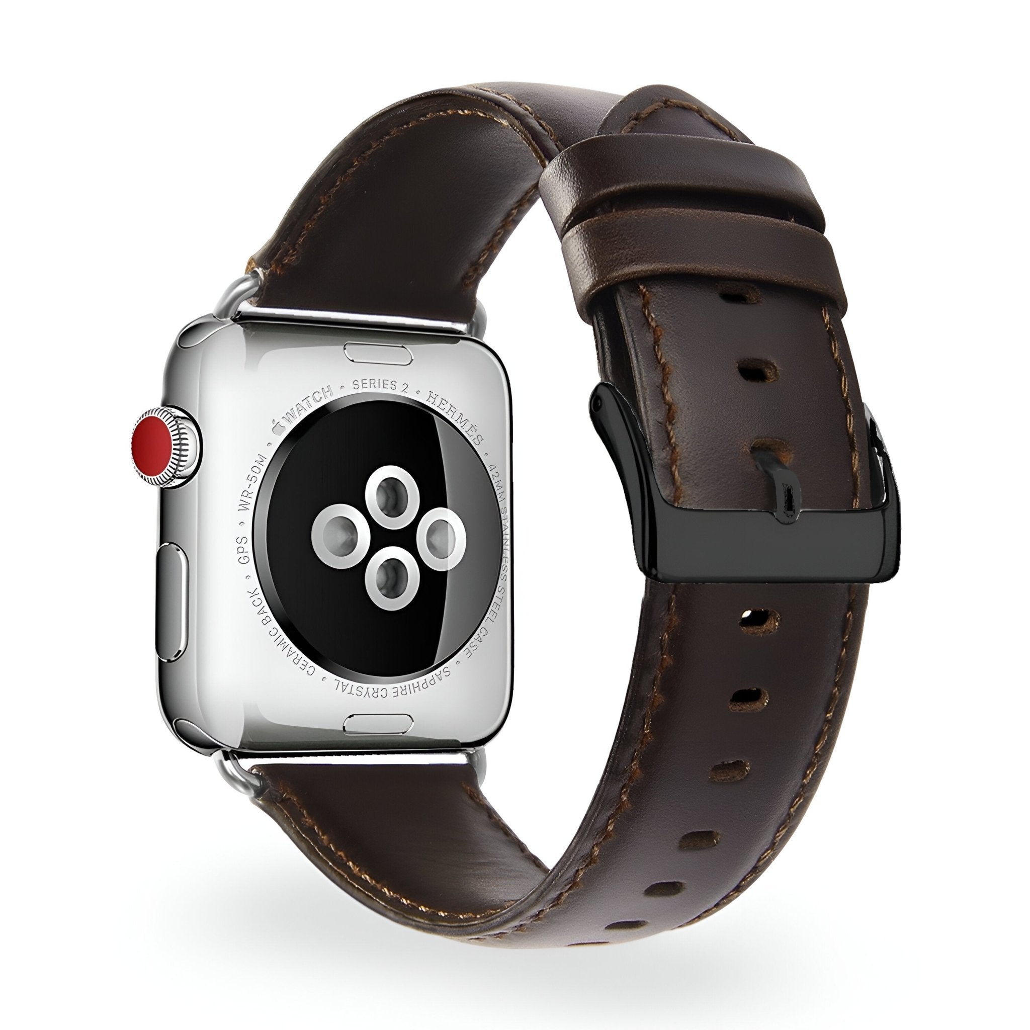 Bracelet Apple Watch en cuir marron foncé avec boucle noire, style Bryzo homme, 38-42 mm.