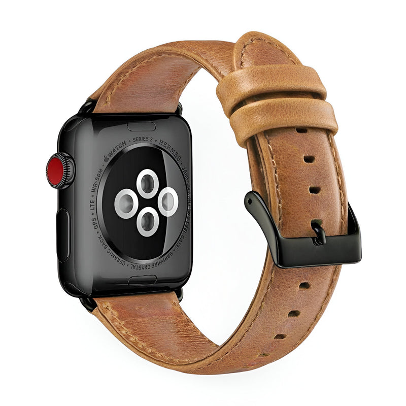 Bracelet Apple Watch en cuir marron avec boucle noire, style classique pour homme.