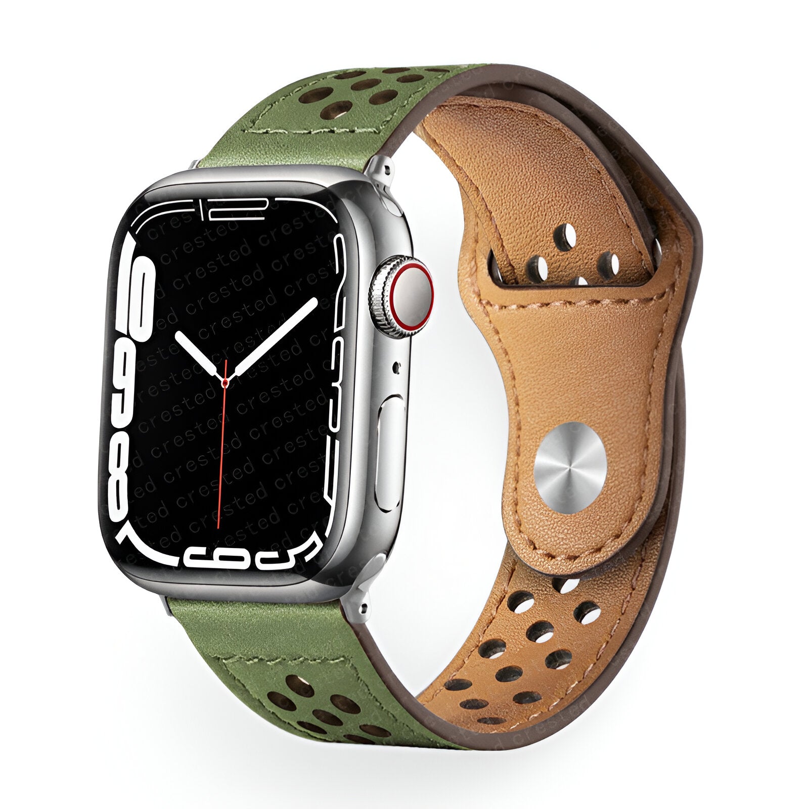 Bracelet Apple Watch cuir vert respirant perforé avec intérieur marron clair, modèle Olexia pour femme.