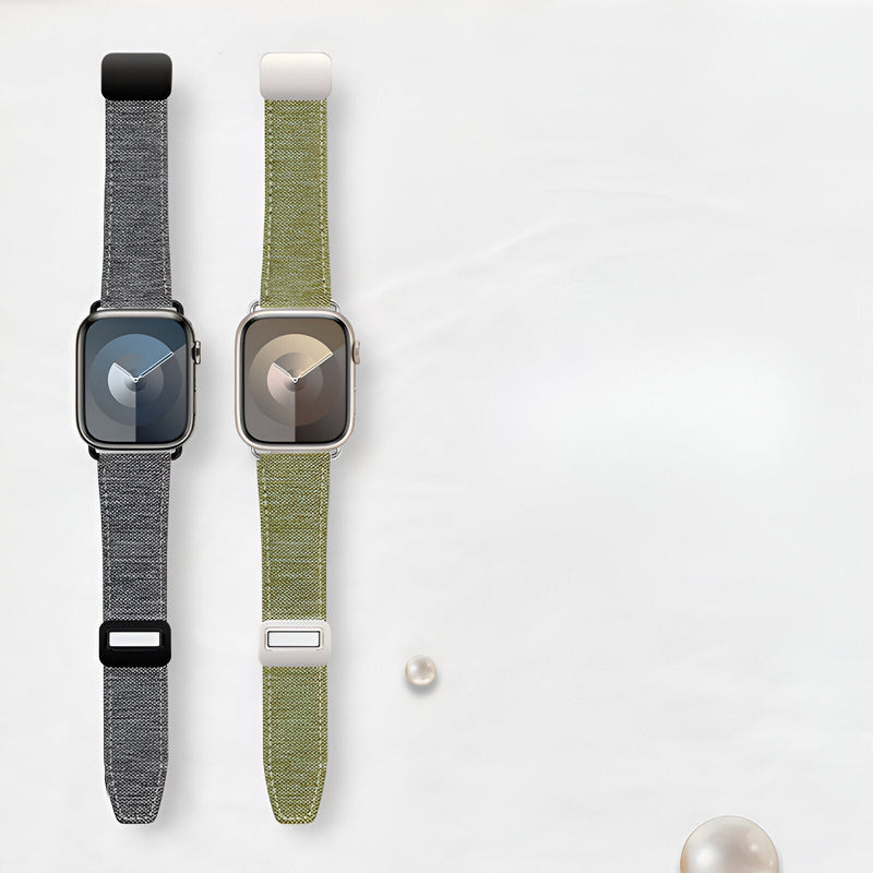 Bracelets Apple Watch Aion en cuir tissé gris foncé et vert clair, modèles mixte, boucles argentées.
