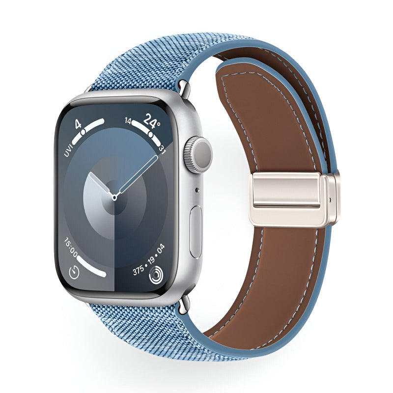 Bracelet Apple Watch cuir tissé bleu avec intérieur en cuir marron et fermoir métallique argenté.
