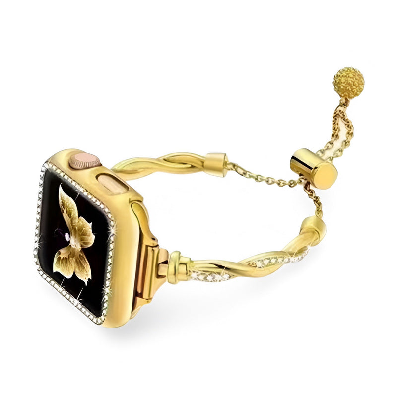 Bracelet torsadé en métal doré pour Apple Watch avec fermeture chaîne réglable et papillon à l’écran.