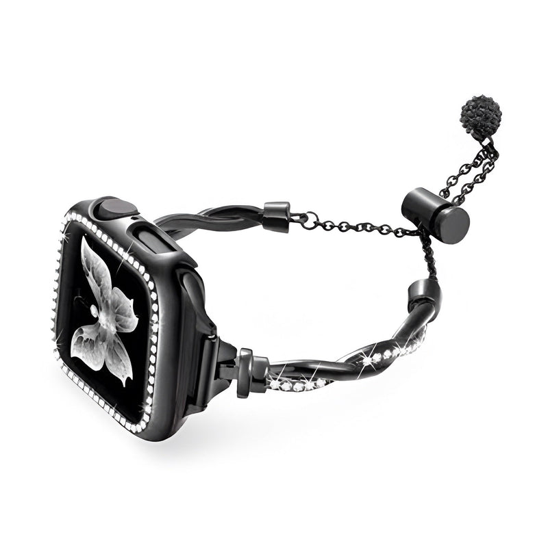 Bracelet Apple Watch femme or noir torsadé en métal avec fermoir coulissant et chaînes fines.