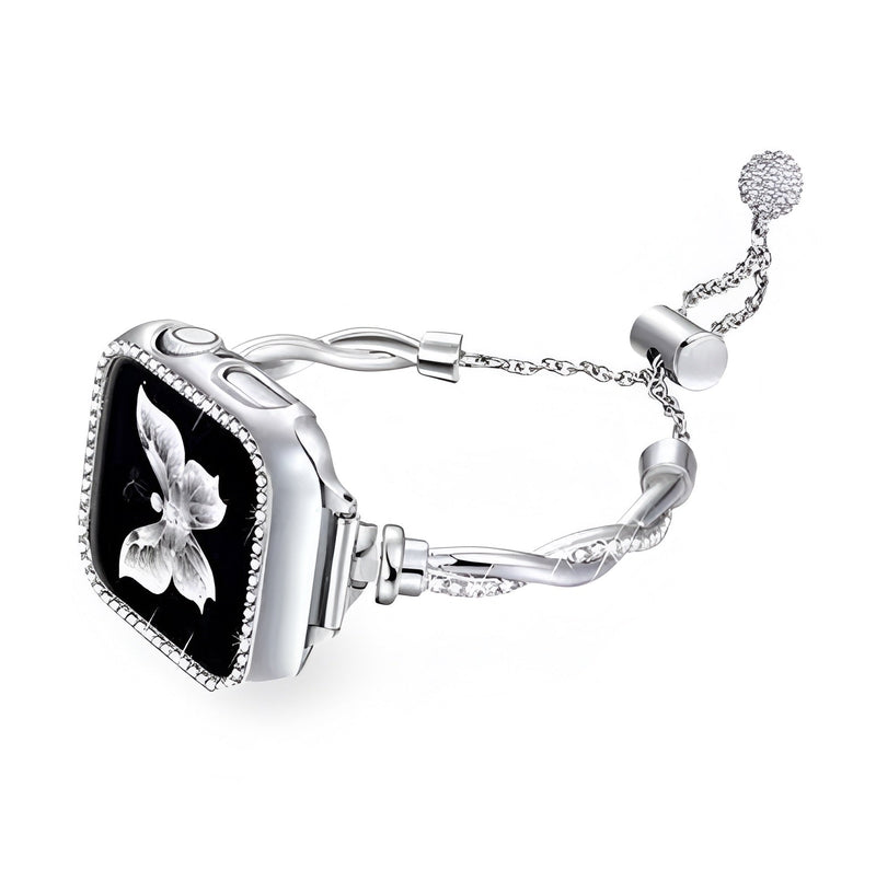 Bracelet torsadé en métal argenté pour Apple Watch avec fermoir coulissant réglable.