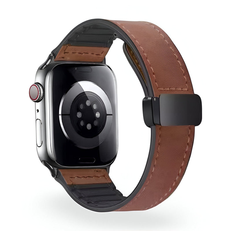 Bracelet Apple Watch mixte en microfibre marron avec coutures apparentes et boucle noire.