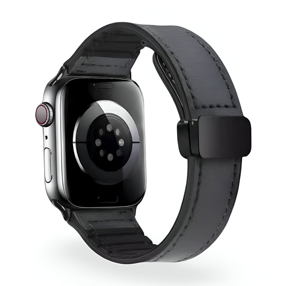 Bracelet Apple Watch microfibre gris foncé avec boucle noire, modèle Kaelith, taille 38-42 mm.