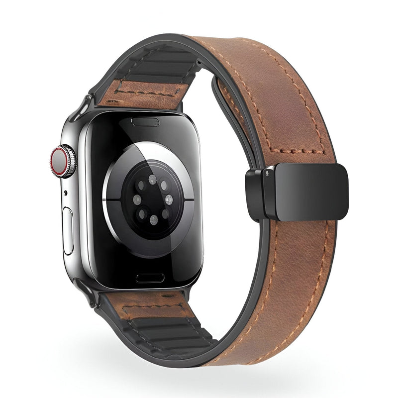 Bracelet Apple Watch marron en microfibre avec boucle noire, style mixte, modèle Kaelith.