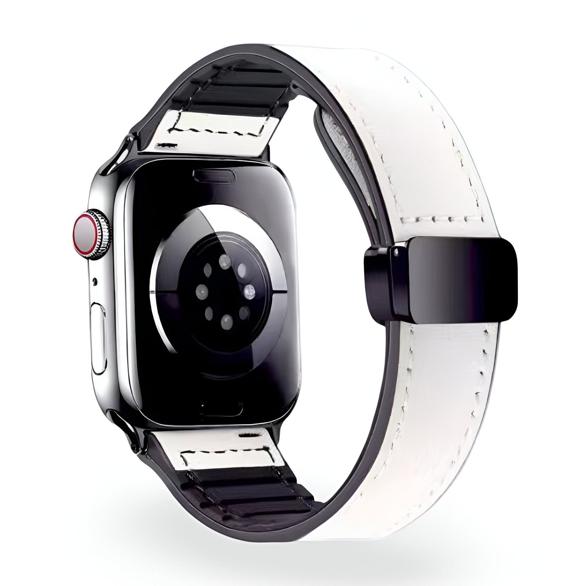 Bracelet Apple Watch mixte en microfibre blanc avec boucle noire, réglable pour 38-42 mm.