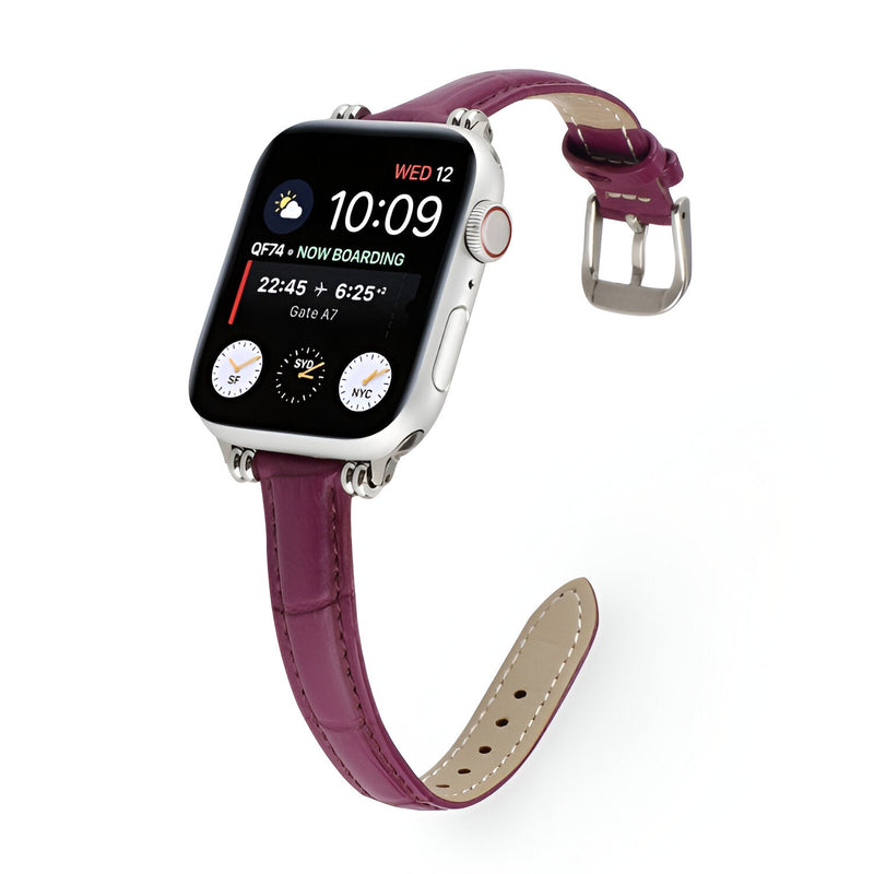 Bracelet Apple Watch en microfibre violet pour femme avec boucle argentée.