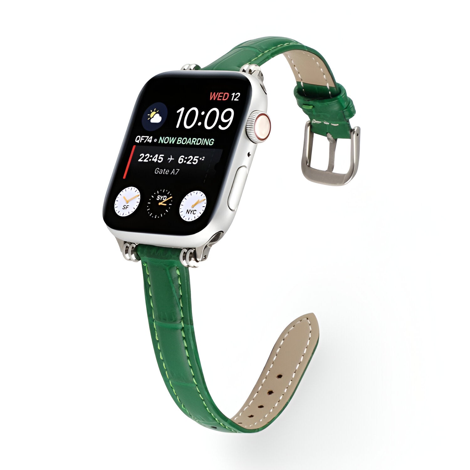 Bracelet vert en microfibre pour Apple Watch avec boucle métallique argentée, modèle Rynara femme.