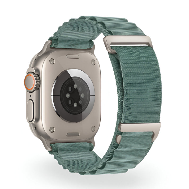 Bracelet Apple Watch en nylon vert à boucle alpine, design mixte, fermeture ajustable durable.