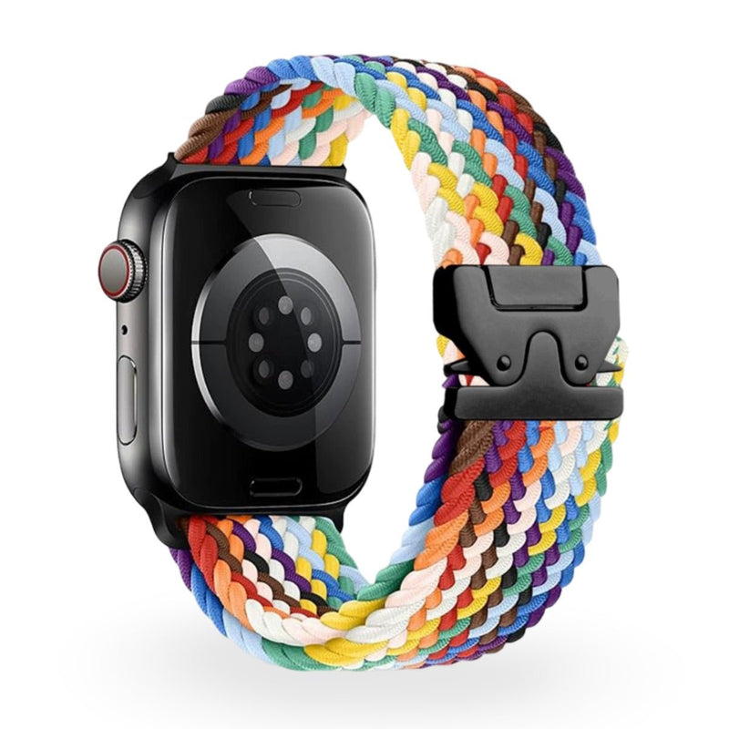 Bracelet Apple Watch en nylon coloré tressé avec boucle tactique noire, motif multicolore vif.