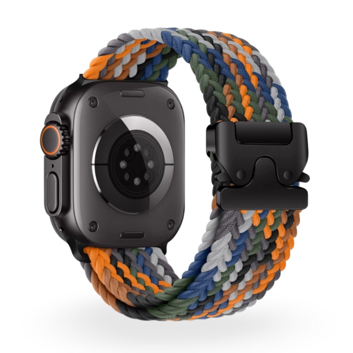 Bracelet Apple Watch en nylon tressé multicolore avec boucle tactique noire robuste.