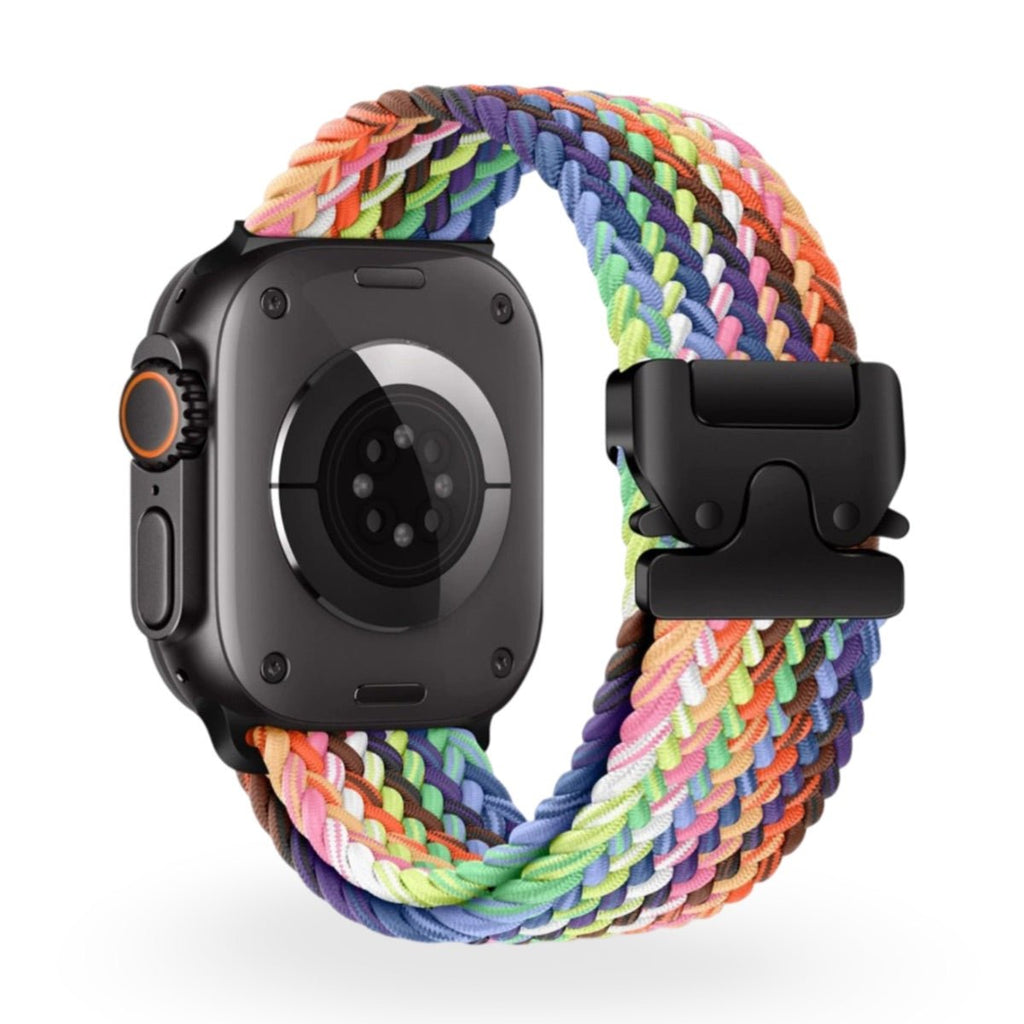 Bracelet Apple Watch en nylon tressé multicolore avec boucle noire tactique solide.