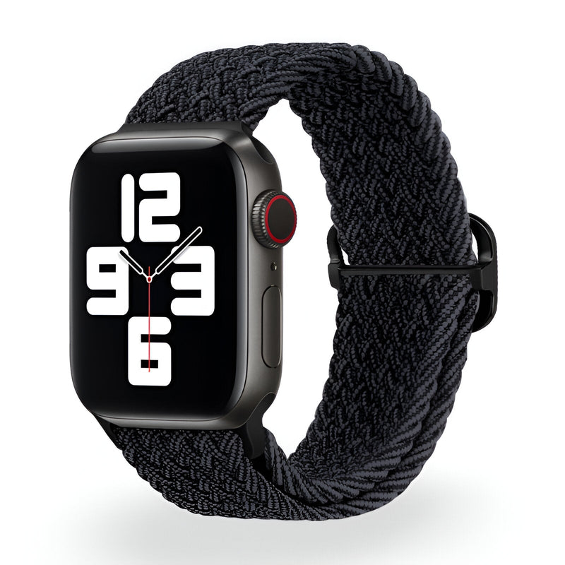 Bracelet Apple Watch en nylon tressé noir, style mixte, boucle ajustable.