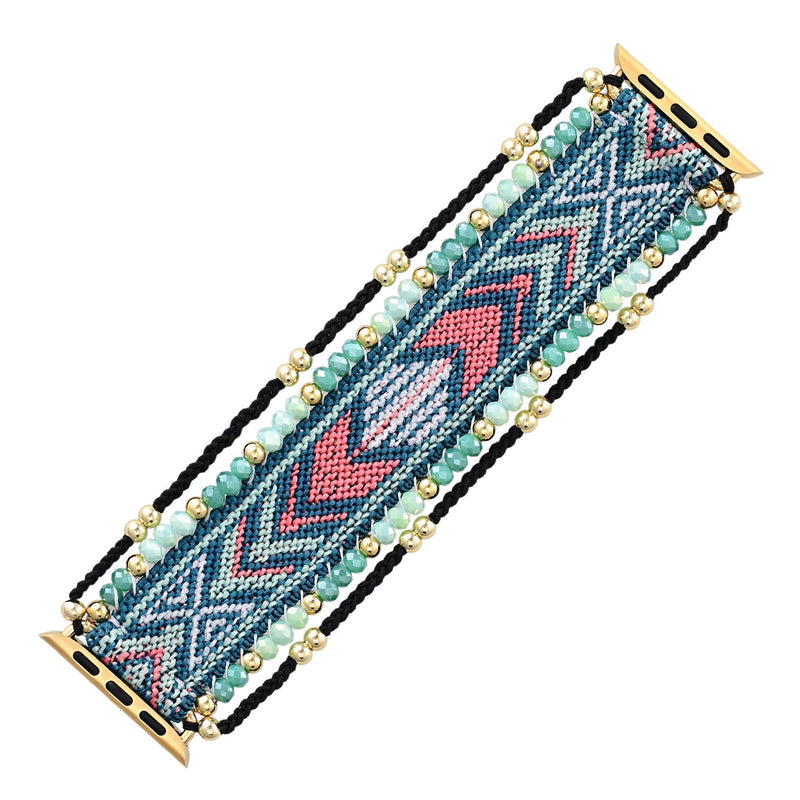 Bracelet Apple Watch femme en nylon tissé multicolore avec motifs géométriques et perles de cristal dorées.